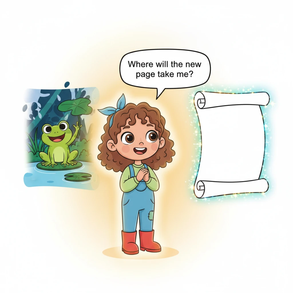 Fern gently closes the pond page in her mind, a soft glow surrounding her as she prepares for her next adventure. She looks with anticipation at a new