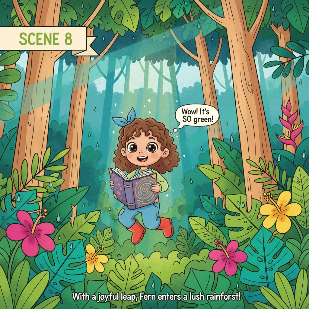 With a joyful leap, Fern opens her 'book' to a new world and finds herself surrounded by the lush, vibrant greens of a rainforest. Towering trees with