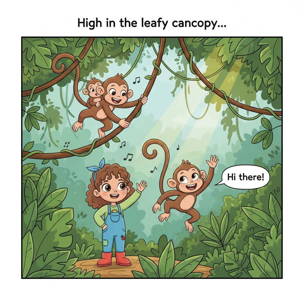High in the leafy canopy, a family of playful monkeys with long, curly tails swing with exaggerated glee from vine to vine. Their expressive faces are