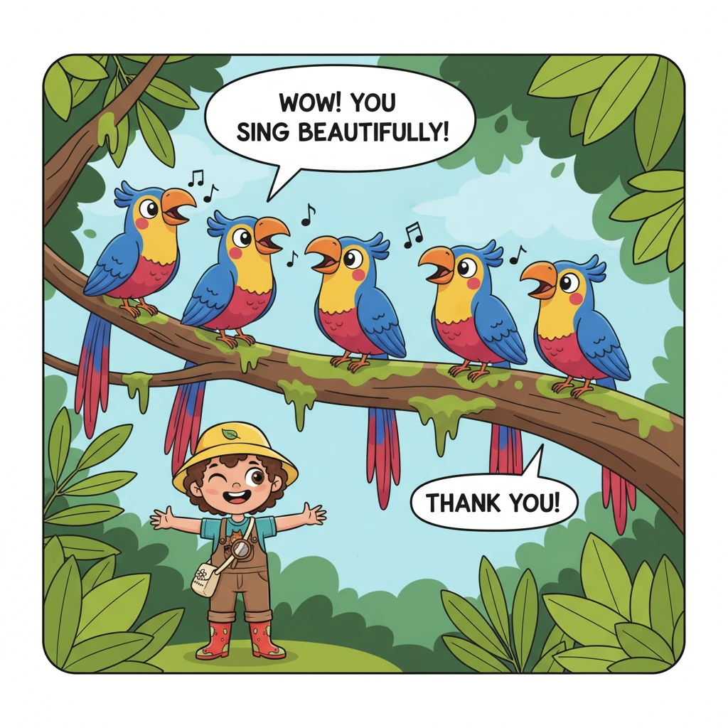 Perched on a thick, mossy branch, several spectacularly colorful birds with long, flowing tail feathers and bright beaks sing a cheerful chorus. Their