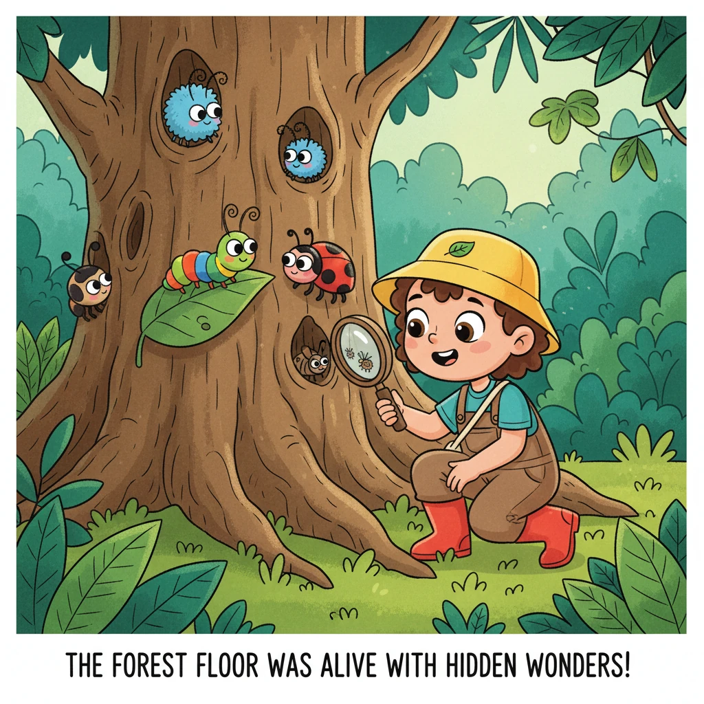 Peeking out from crevices in the gnarled tree trunks, tiny, whimsical insects with exaggerated antennae and big, curious eyes observe Fern. A caterpil