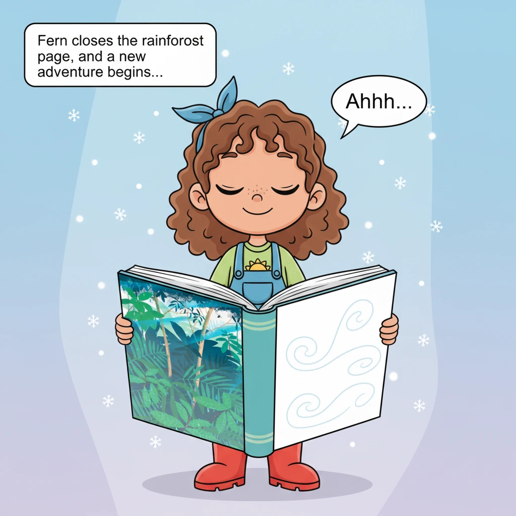 Fern closes the rainforest page, a happy sigh escaping her lips as the vibrant greens fade. She then turns to a fresh, white page, hinting at a comple