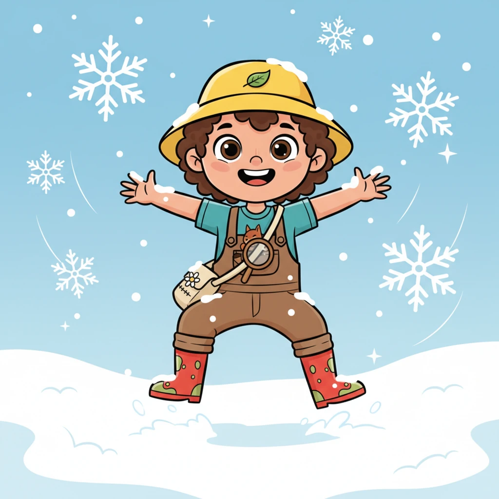 With another imaginative jump, Fern lands in a sparkling, white wonderland of snow. Gentle, exaggerated snowdrifts rise around her, and fluffy snowfla