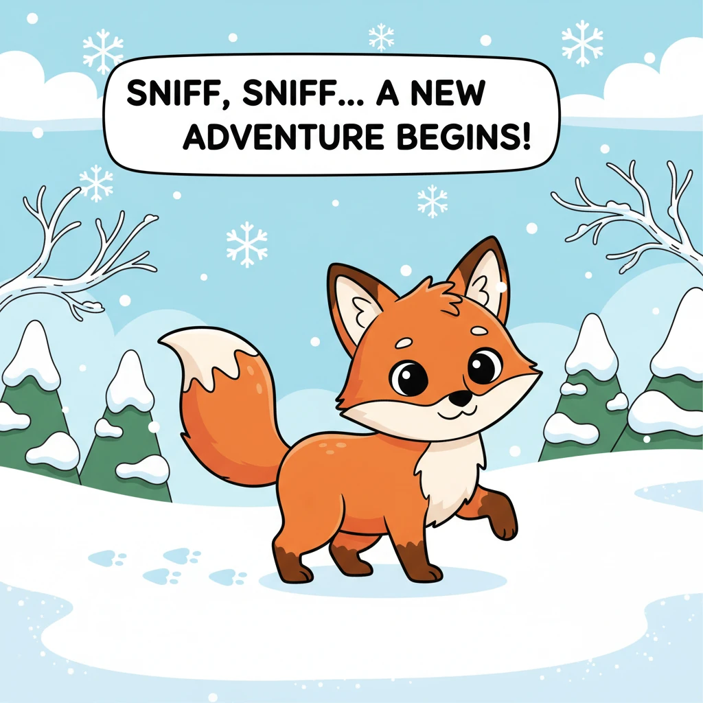 A small, fluffy fox with a bushy, orange tail and pointy ears tiptoes gracefully across the pristine snow, leaving a trail of neat paw prints. Its nos
