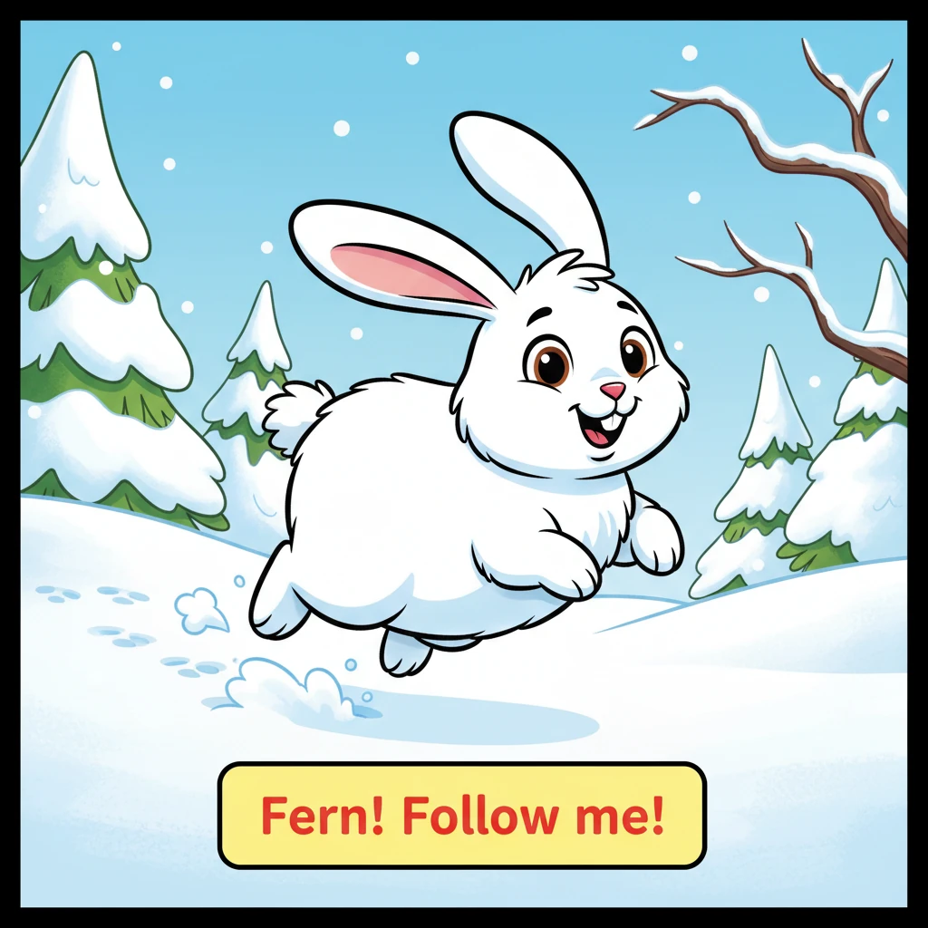 A plump, white rabbit with long, floppy ears and a tiny, pink nose hops joyfully through the snow, kicking up little puffs of powder with each bounce.