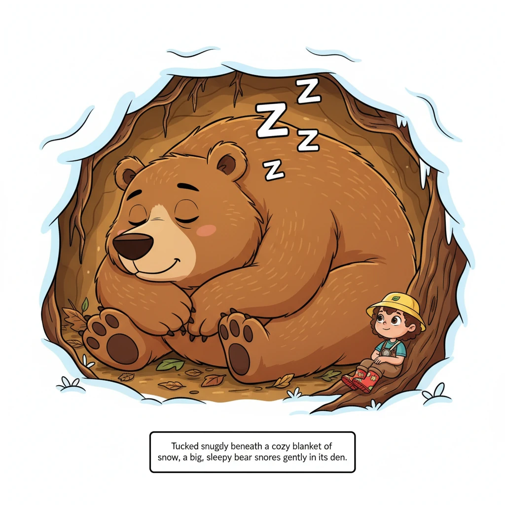 Tucked snugly beneath a cozy blanket of snow, a big, sleepy bear with a soft, brown coat snores gently in its den. Its exaggerated paws are tucked und