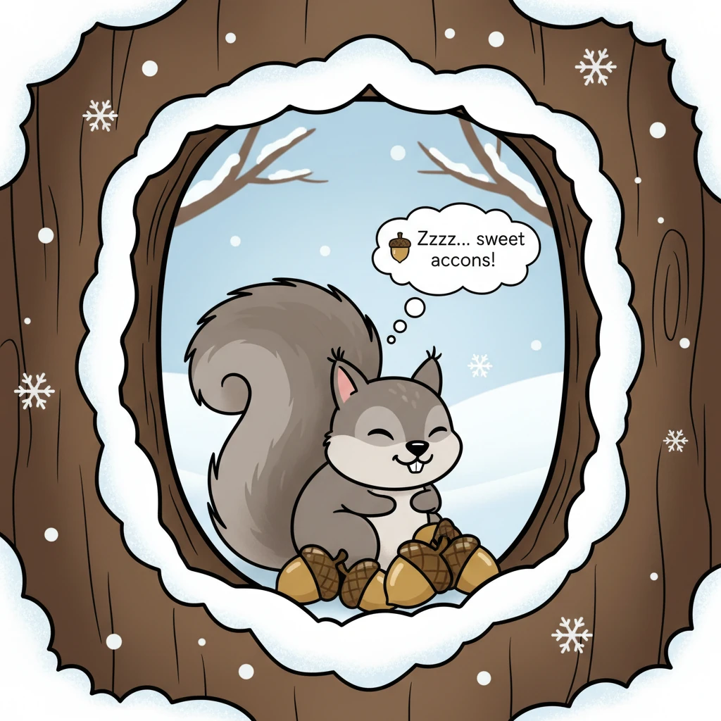 Nearby, nestled in the hollow of a snow-dusted tree, a tiny squirrel with a bushy tail is curled up tight, also fast asleep. A pile of acorns serves a