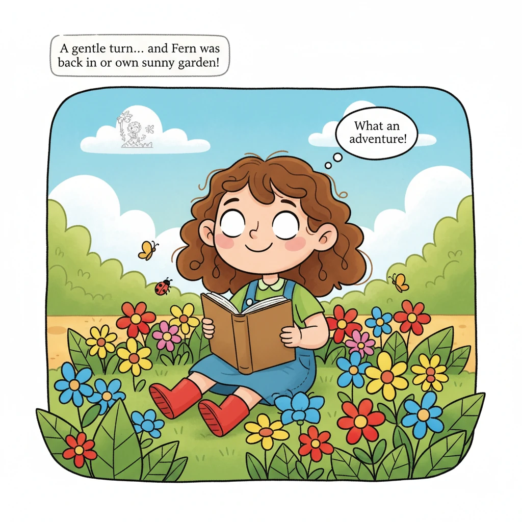 With a final, gentle turn of the page, Fern is suddenly back in her own sunny garden, sitting among the colorful flowers. The magical book is now just