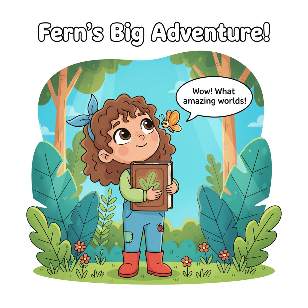 Fern looks up at the sky, her eyes still sparkling with the wonder of the worlds she just visited. A tiny, friendly butterfly with exaggerated wings f