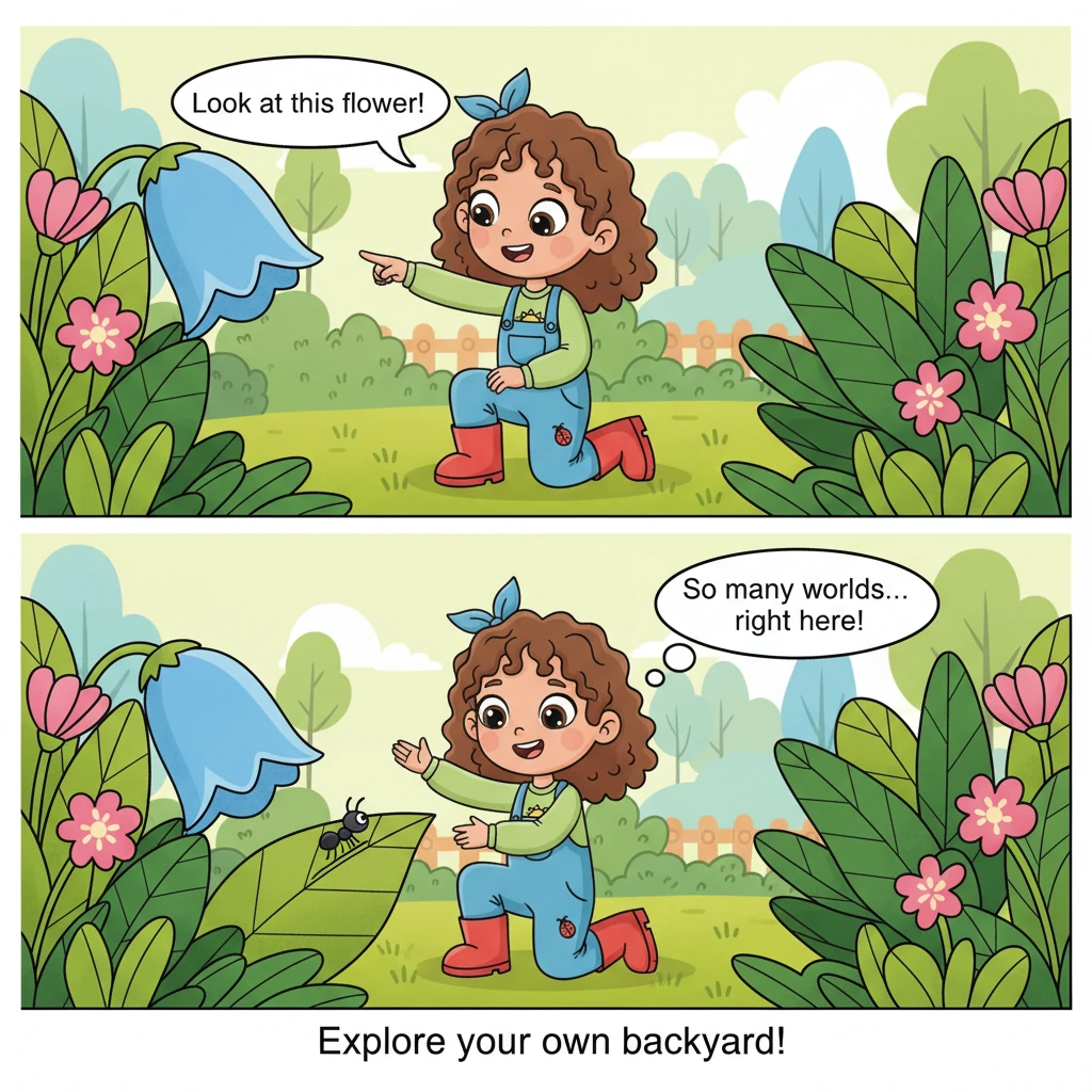 Fern points to a flower in her garden, then to a tiny ant crawling on a leaf, a new understanding in her gaze. She knows that even in her own backyard