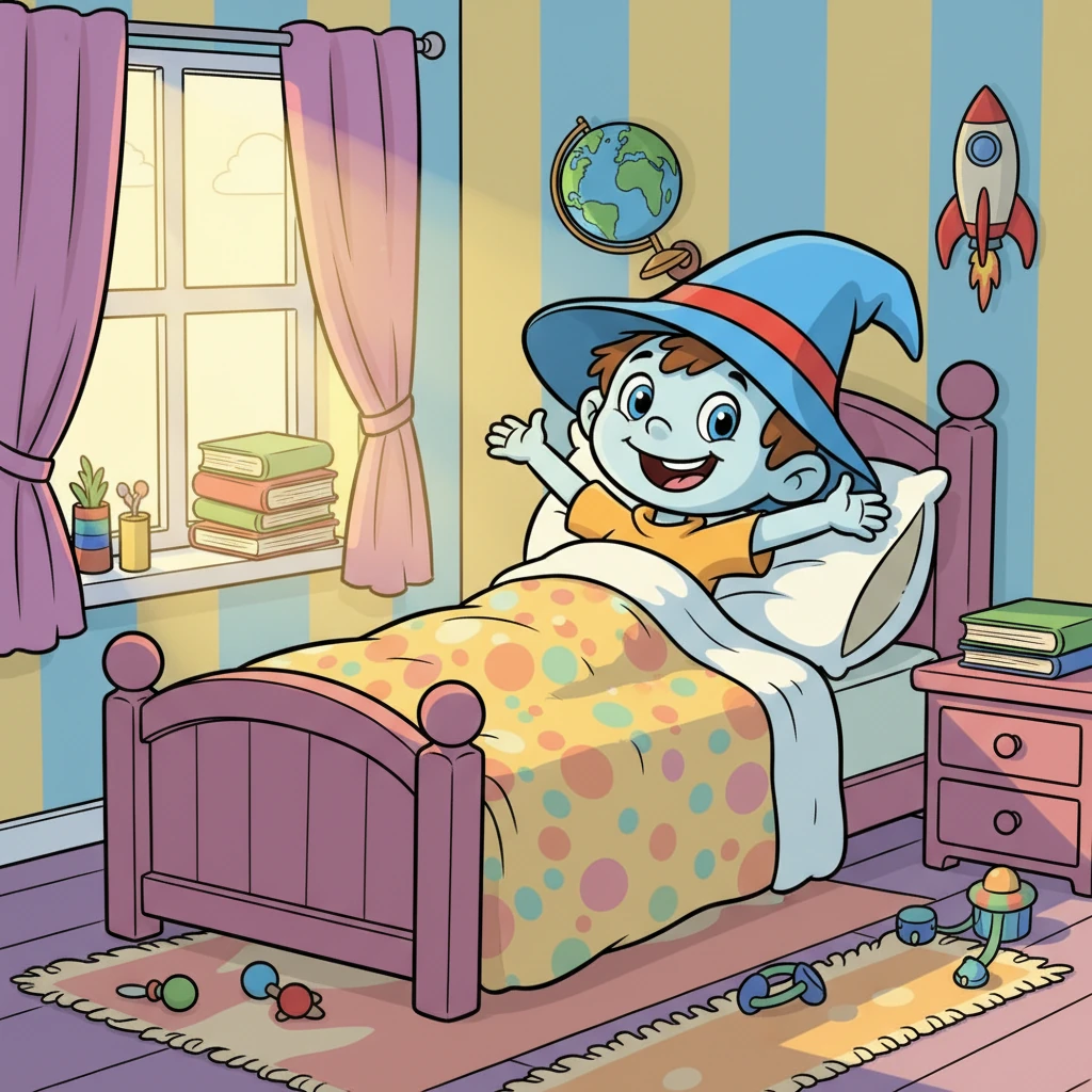 Незнайка просыпается в своей яркой кроватке, его глаза широко открыты от любопытства. Солнечный луч пробивается сквозь окно, освещая его весёлую комнату. Он потягивается и улыбается, готовый к новому дню приключений.