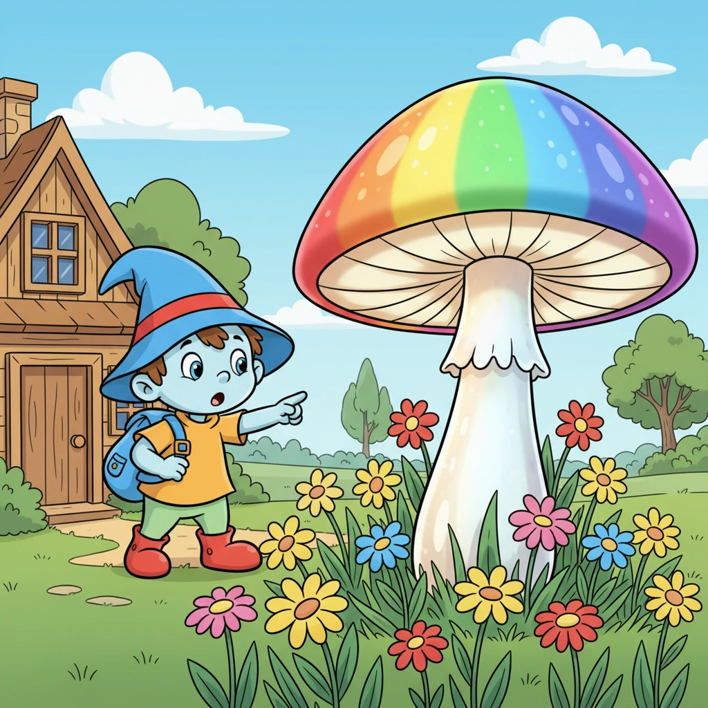 Выйдя на улицу, Незнайка замечает что-то необычное в своей клумбе. Среди высоких цветов торчит странный, блестящий гриб-радуга, переливающийся всеми цветами. Он никогда не видел ничего подобного раньше.