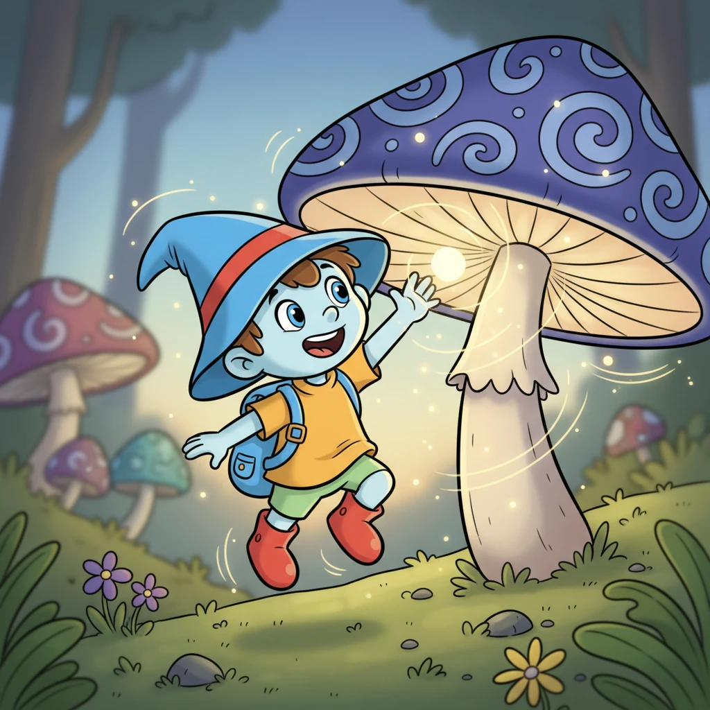 Любопытство берёт верх, и Незнайка решает прикоснуться к грибу. Как только его пальцы касаются шляпки, гриб начинает светиться ещё ярче, и Незнайка чувствует, как его ноги отрываются от земли. Он начинает медленно подниматься в воздух!