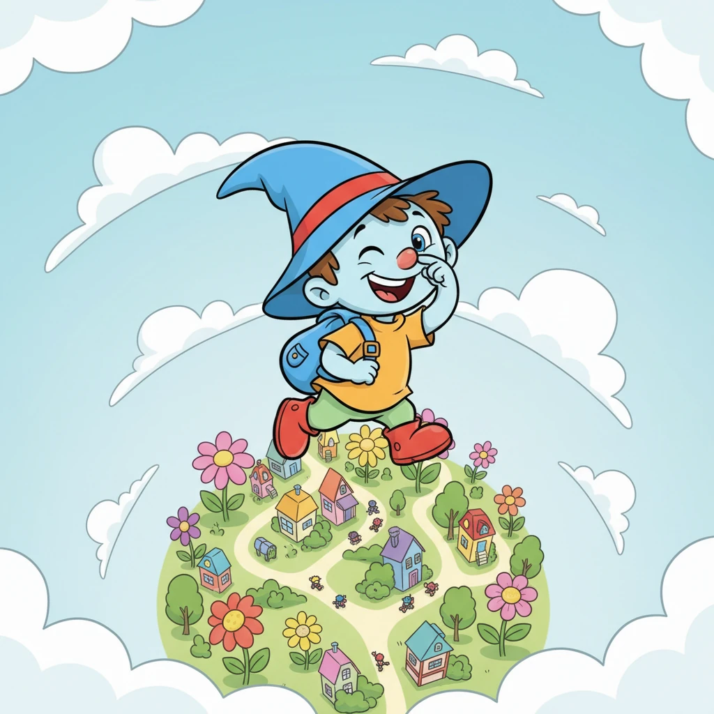 Незнайка парит над Цветочным городом, удивляясь всему, что видит сверху. Дома кажутся крошечными кубиками, а его друзья – маленькими точками, спешащими по своим делам. Ветер щекочет его нос, и он хихикает от восторга.