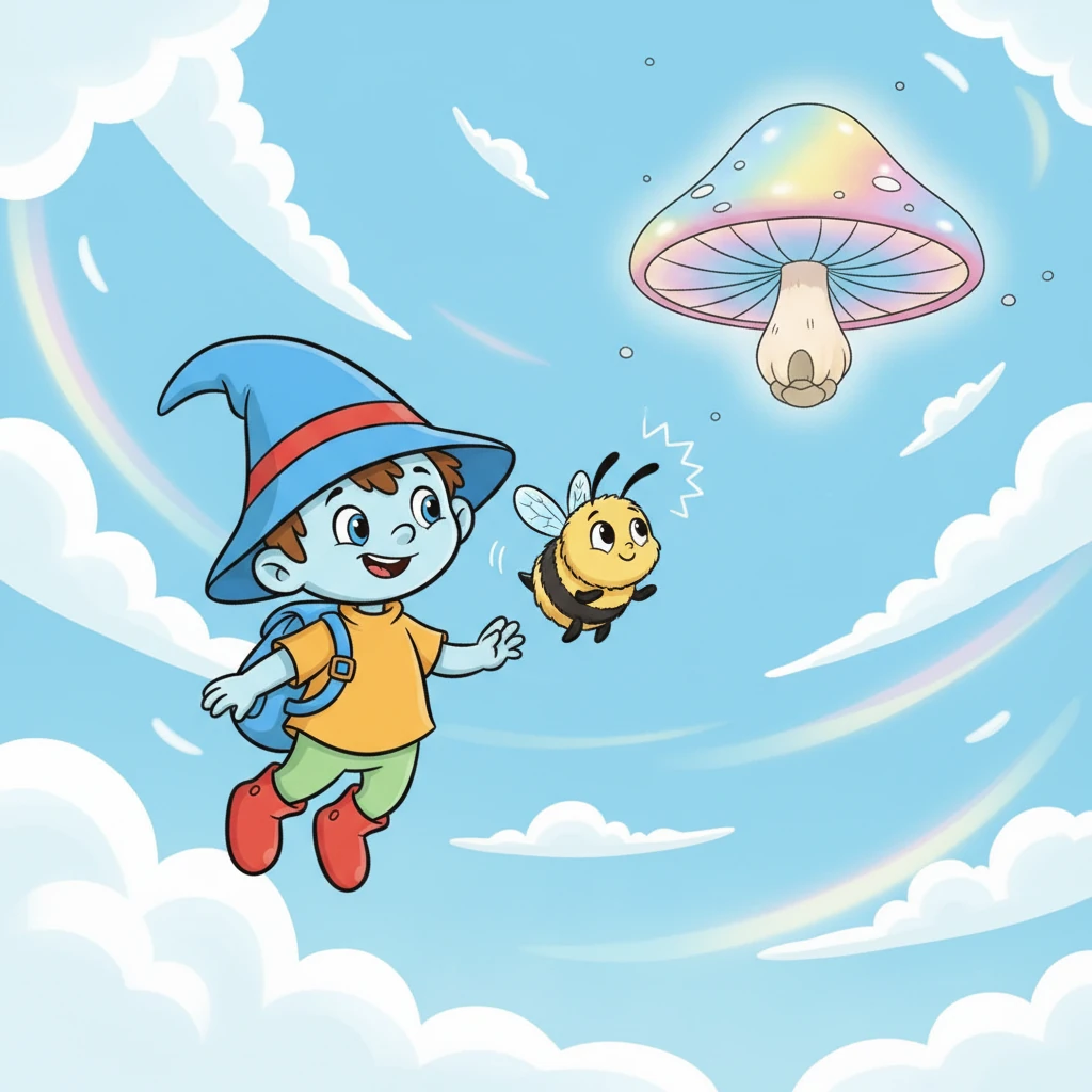 Вдруг Незнайка замечает, что он не один в небе. Рядом с ним парит маленькая, пушистая пчёлка Жужжа, которая тоже с удивлением смотрит на волшебный гриб. Она весело жужжит, приглашая Незнайку следовать за ней.