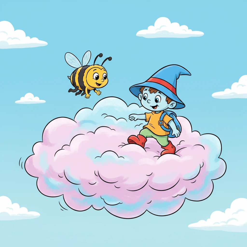 Пчёлка Жужжа ведёт Незнайку к огромному, плавучему облаку, которое выглядит как сладкая вата. Облако медленно дрейфует по небу, и Незнайка понимает, что это его следующая остановка. Он осторожно приземляется на мягкую поверхность.