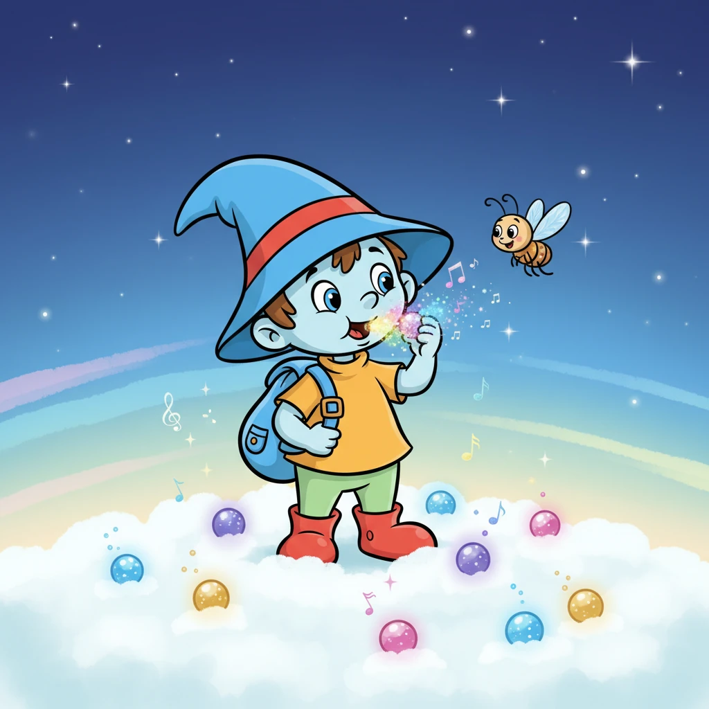 На облаке Незнайка и Жужжа обнаруживают целую поляну из светящихся ягод, которые мерцают, как звёзды. Ягоды издают тихое, мелодичное пение. Незнайка осторожно пробует одну, и она взрывается во рту сладким, радужным вкусом.