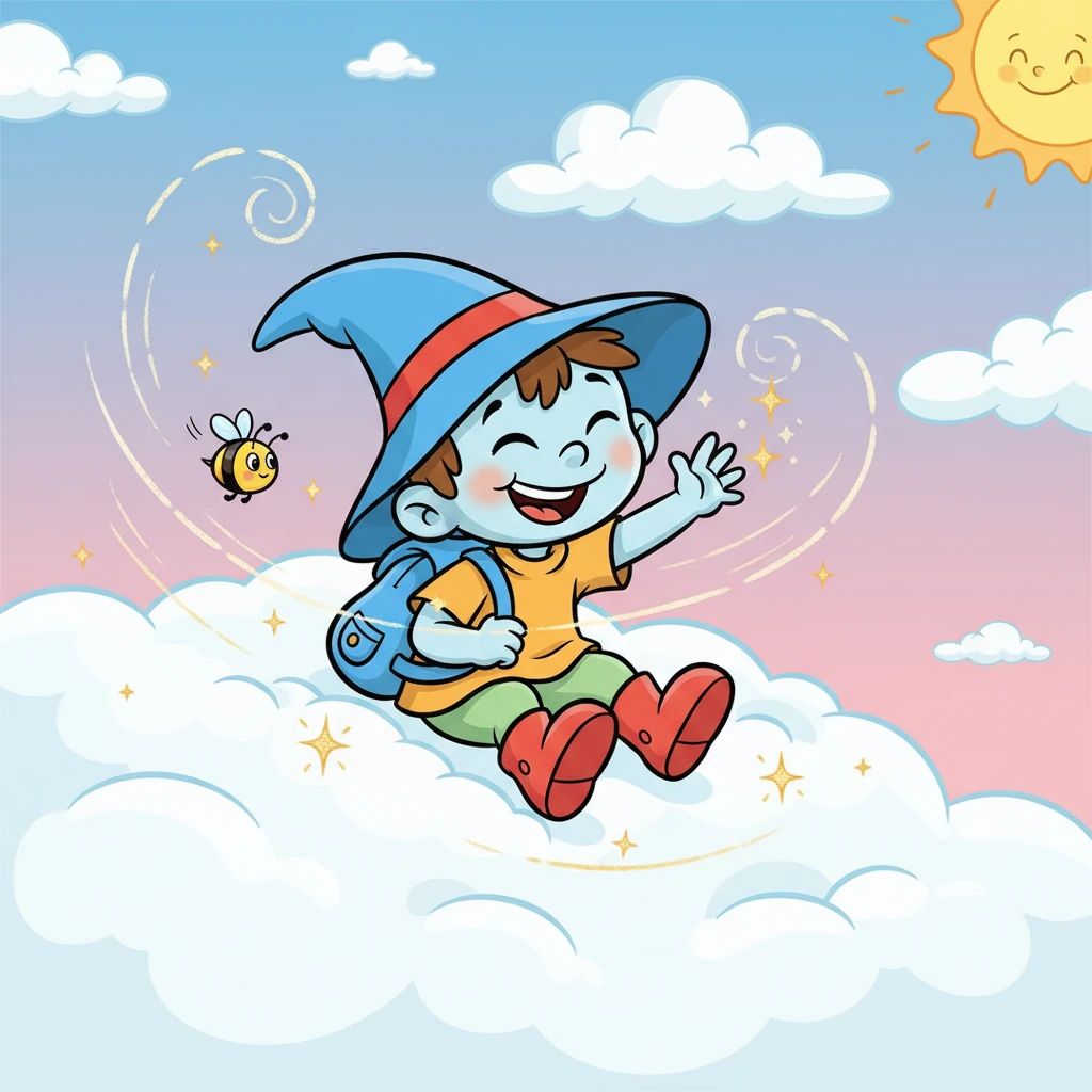 Они играют на облаке, катаясь по его мягким холмам и ловя солнечных зайчиков. Незнайка чувствует себя самым счастливым коротышкой в мире. Жужжа летает вокруг, создавая забавные узоры в воздухе.