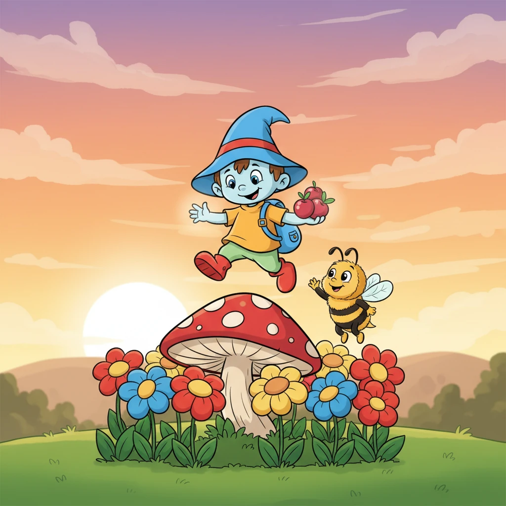 Когда солнце начинает садиться, окрашивая небо в оранжевые и розовые тона, Незнайка и Жужжа прощаются. Волшебный гриб снова появляется, и Незнайка мягко опускается обратно в свою клумбу, держа в руке несколько светящихся ягод.