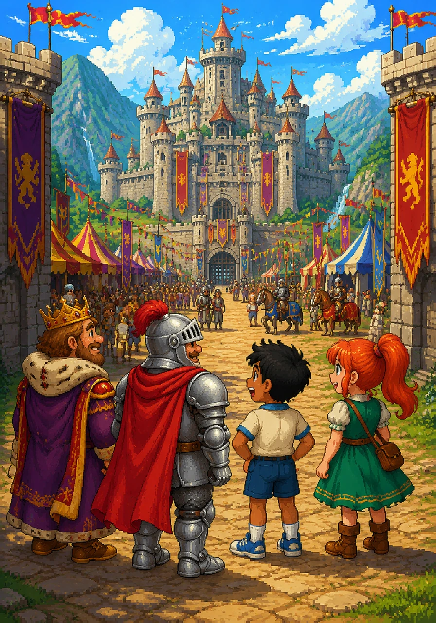 In the heart of a sun-drenched valley stood the magnificent, sprawling castle of King Alfred, where the banners fluttered cheerfully in the warm breeze. Najib, Evelyn, Hannah, and Annie stood by the grand stone gates, wide-eyed and excited as they watched the colorful preparations for the grand summer festival. Today was the day the kingdom's bravest knights would gather for the ultimate jousting tournament.