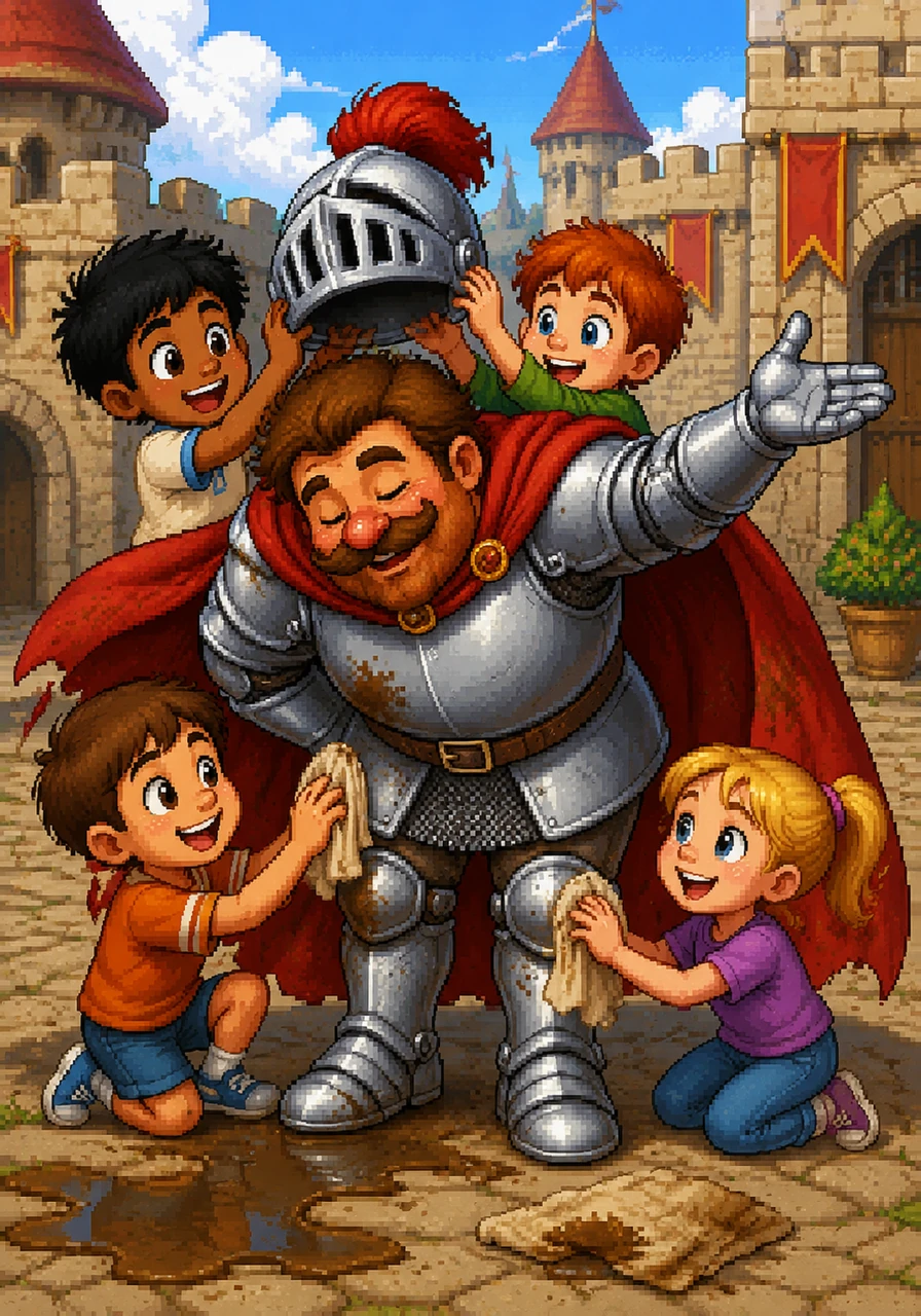 Inside the bustling courtyard, the famous Sir Gus was trying to polish his shiny silver armor, though he kept dropping his cloth in the mud. Asim, Emmett, Reagan, and Harper ran over to help him, lifting the heavy helmet and wiping away the smudges with big smiles. Sir Gus gave them a grand, sweeping bow, his red cape swirling as the children giggled at his clumsy but kind manners.