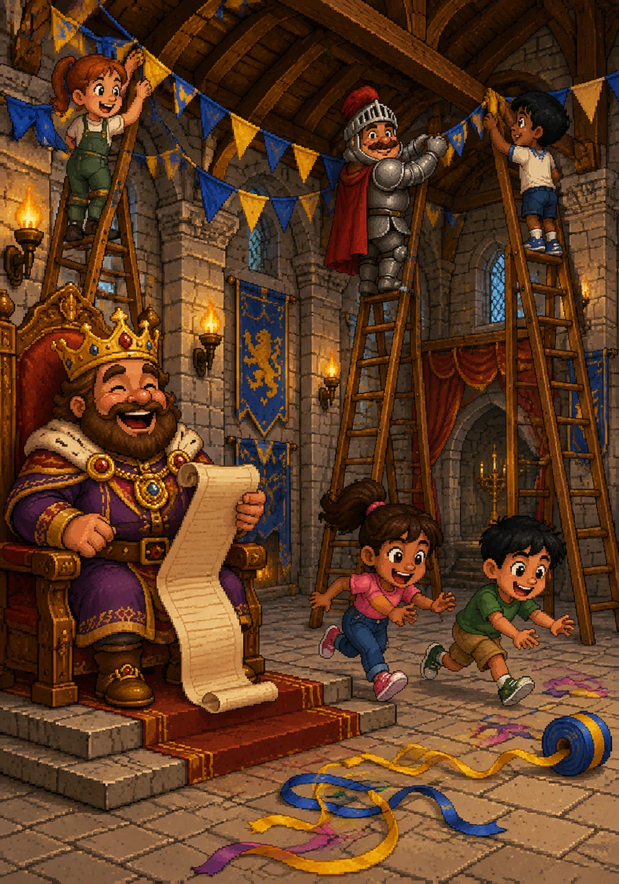 King Alfred sat upon his golden throne in the Great Hall, wearing his favorite sparkling crown and holding a long scroll of tournament rules. Nearby, Ella, Brady, Mateo, and Jack helped the royal decorators hang bright blue and yellow pennants from the high wooden rafters. The king nodded approvingly, his hearty laughter echoing through the hall as the children chased a rogue roll of ribbon.