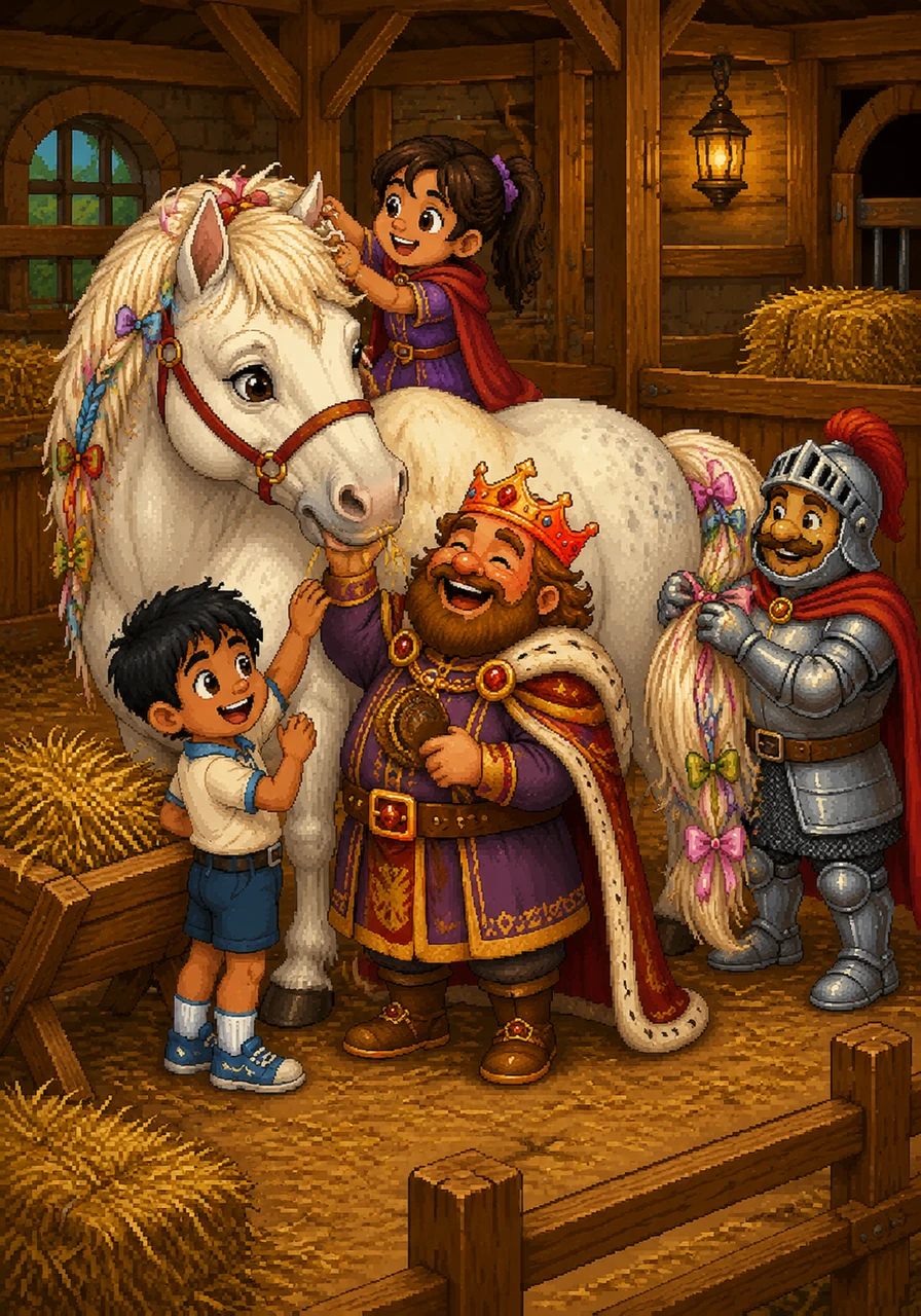 Down at the royal stables, a beautiful, gentle white horse named Barnaby was munching on sweet hay and waiting for his big moment. Shayla, Donovan, Scarlett, and Airanez gently brushed Barnaby's silky mane and tied festive ribbons into his tail. Barnaby soft-whinnied in delight, nudging the children with his nose as they cheered him on for the upcoming games.