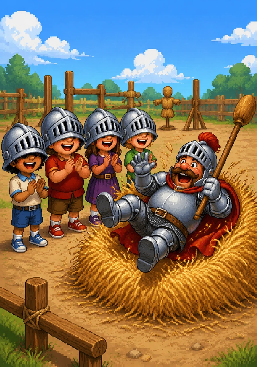 On the practice field, Asher, Duke, Addie, and Emerson tried on some oversized training helmets that slipped right down over their noses, making everyone laugh. Sir Gus showed them how to hold a lightweight wooden practice lance, demonstrating a wobbly stance that ended with him tipping over into a pile of soft hay. The kids clapped softly, thoroughly entertained by their favorite knight's silly lesson.