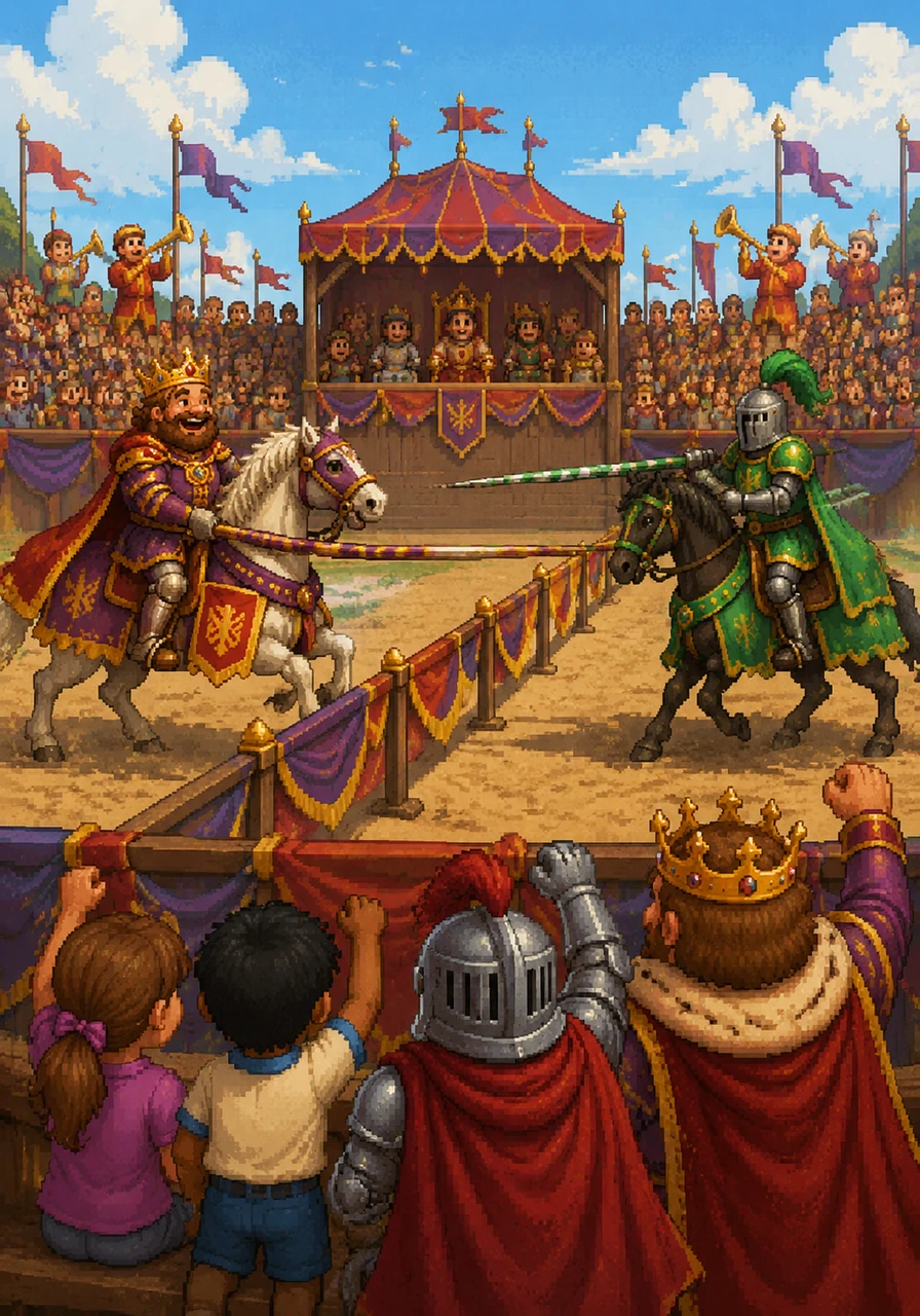 The trumpets blared again, and the grand jousting tournament officially began with a thunderous roar from the crowd. Annie, Asim, Emmett, and Reagan cheered from the front row as Sir Gus trotted out onto the field, looking brave despite his shield being upside down. Across the field, another knight in green armor lowered his lance, ready for a friendly match.