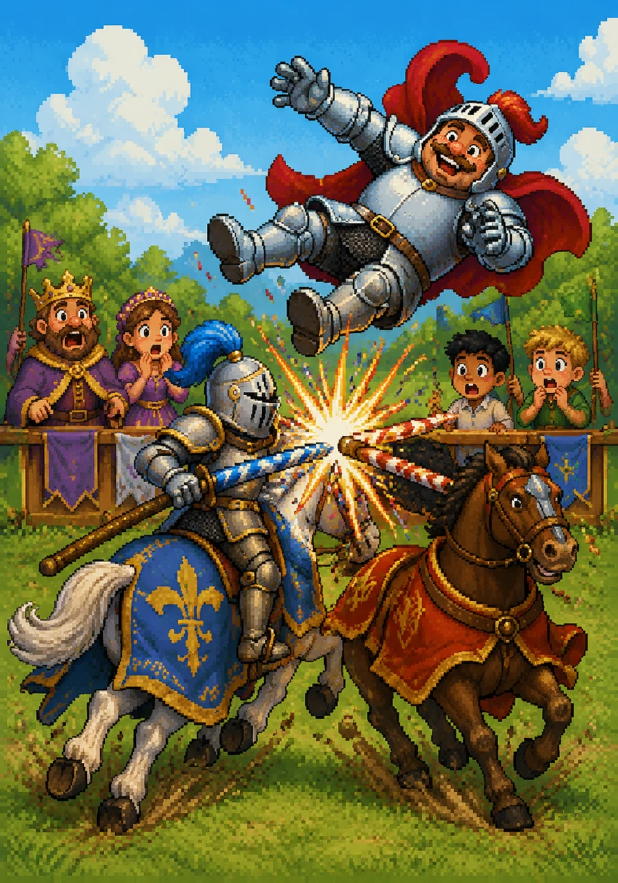 With a loud shout, both knights spurred their horses forward, the sound of galloping hooves drumming against the soft green grass. Harper, Ella, Brady, and Mateo held their breath, clutching their colorful flags as Sir Gus wobbled left and then right on Barnaby's back. In a flash of colors, the two lances tapped together with a loud clack, sending Sir Gus flying gracefully through the air.