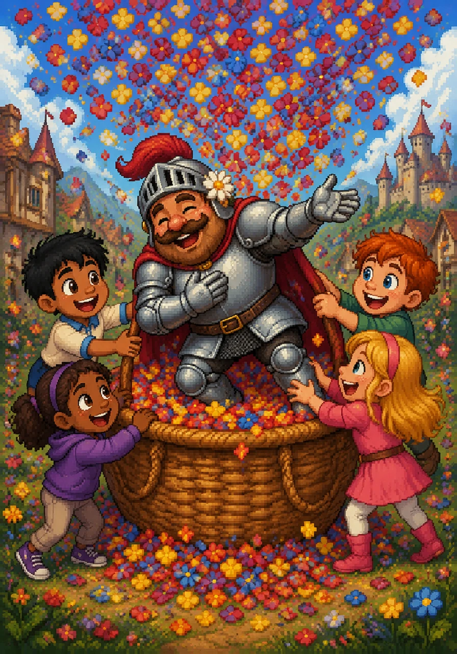 Sir Gus landed perfectly inside a giant, oversized basket of colorful flower petals, sending a beautiful cloud of red, yellow, and blue into the sky. Jack, Shayla, Donovan, and Scarlett rushed over, laughing joyfully as they pulled the silly knight out of his floral landing pad. Sir Gus popped up with a daisy tucked behind his ear, bowing dramatically to his cheering young fans.