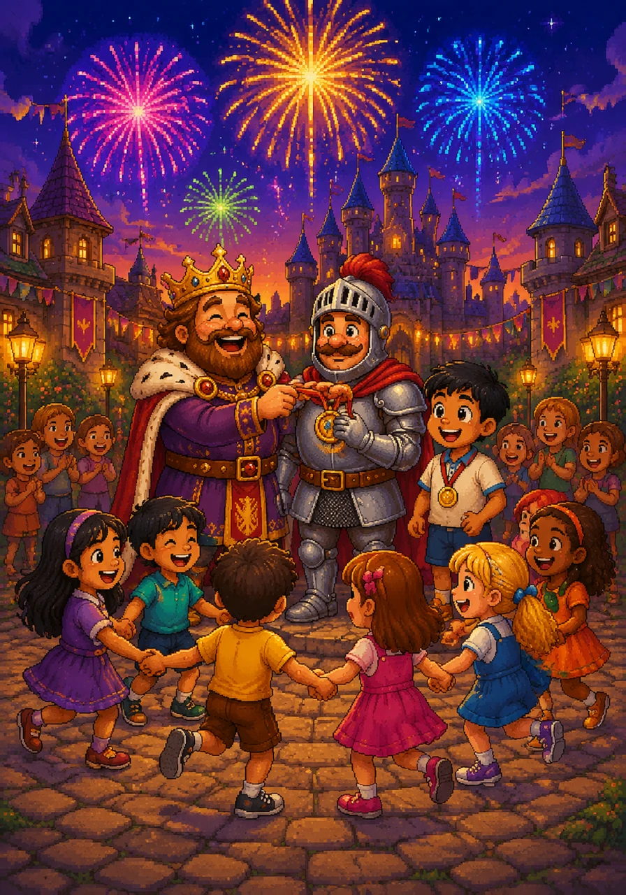 At the closing ceremony, King Alfred presented Sir Gus and all twenty-three children with shiny golden medals for their wonderful spirit and teamwork. Airanez, Asher, Duke, Addie, Emerson, Addy, Hannah, and Rylee danced in a giant circle under the warm evening twilight as fireworks burst overhead. It was a day of laughter and friendship that the entire kingdom of King Alfred would never forget.