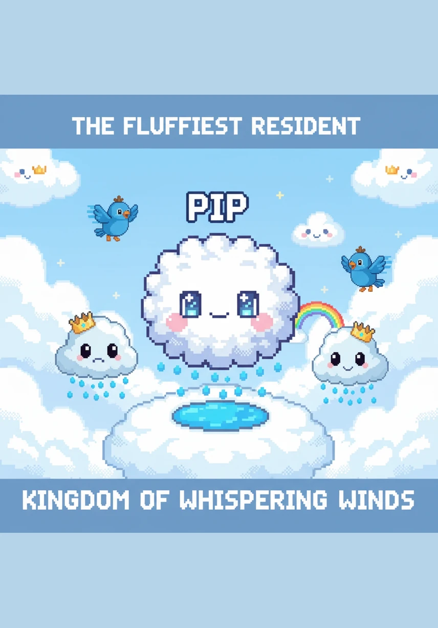 Pip is a tiny, round cloud who lives in a cozy cottage made of soft marshmallows. With his big, sparkly eyes and rosy cheeks, he is the fluffiest resident of the Kingdom of Whispering Winds.