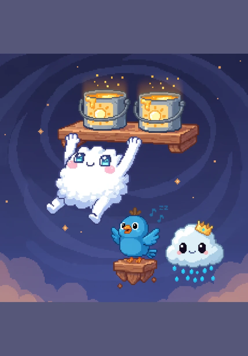 Pip wants to paint the evening sky, but the buckets of Golden Glow paint are tucked away on a high, floating shelf. He bounces and stretches his cottony body, trying his very best to reach the handle.