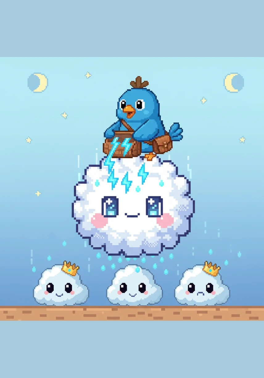 Just then, a cheerful blue bird named Chirp flutters down from a nearby tree to offer a helping wing. Together, the two friends grab the heavy bucket and prepare for their grand adventure into the clouds.