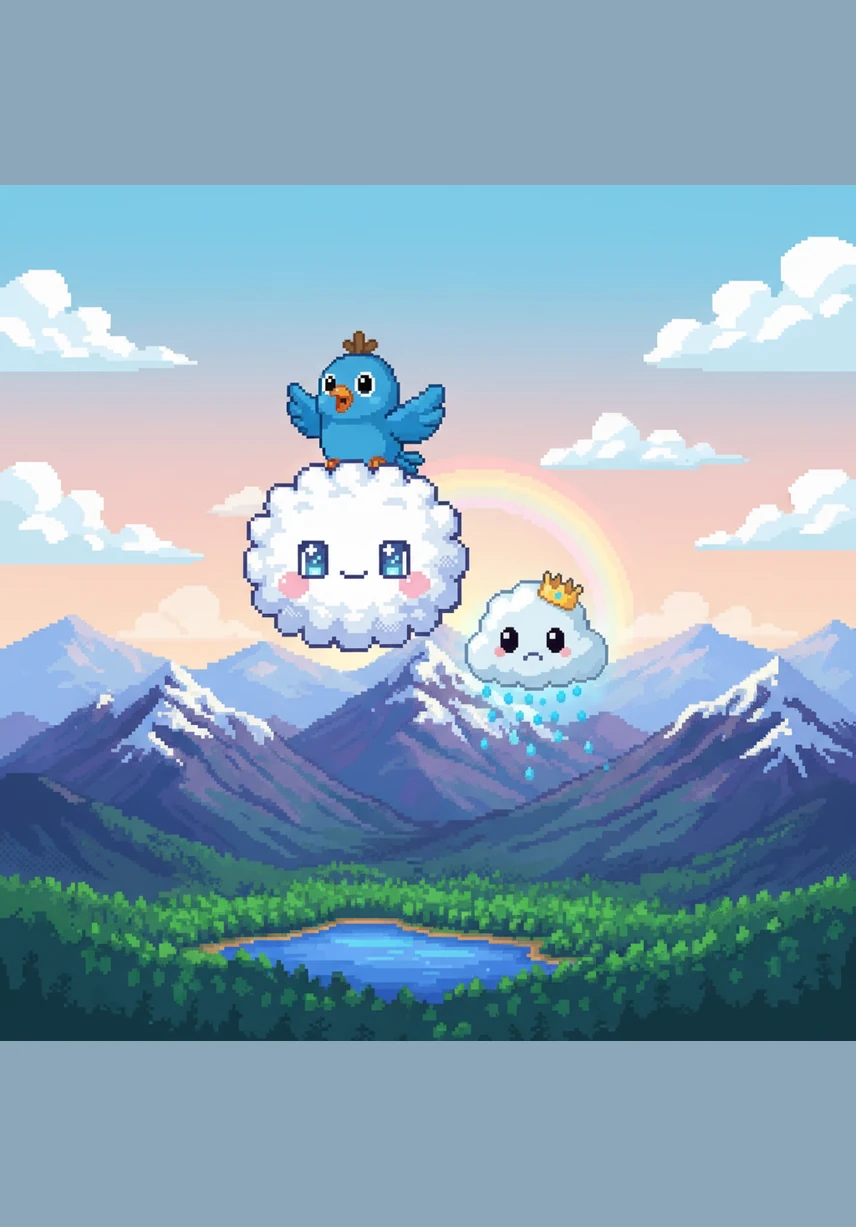 They soar high above the mountains, carrying their magical supplies toward the edge of the horizon. The sun is beginning to set, turning the world below into a quiet, peaceful playground.