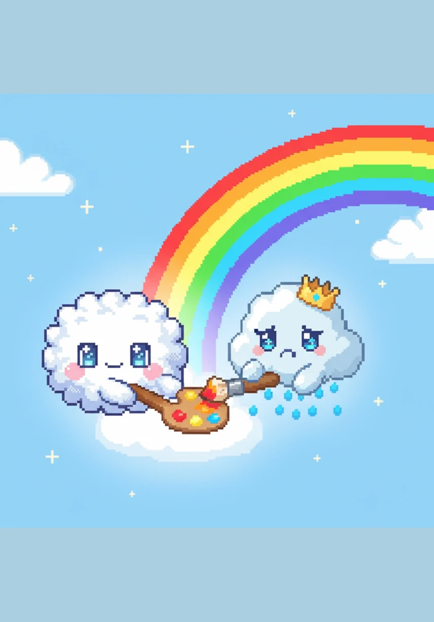 Pip notices a lonely little raincloud named Puddle watching from a distance with a sad expression. Pip kindly shares his brush and teaches Puddle how to mix colors to create a magnificent, glowing rainbow.