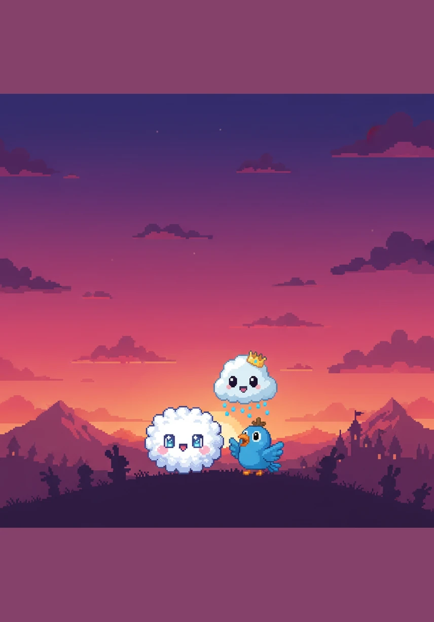 The sky transforms into a breathtaking masterpiece of violet, rose, and deep indigo as the sun finally disappears. All the creatures of the kingdom look up in awe at the most beautiful sunset they have ever seen.