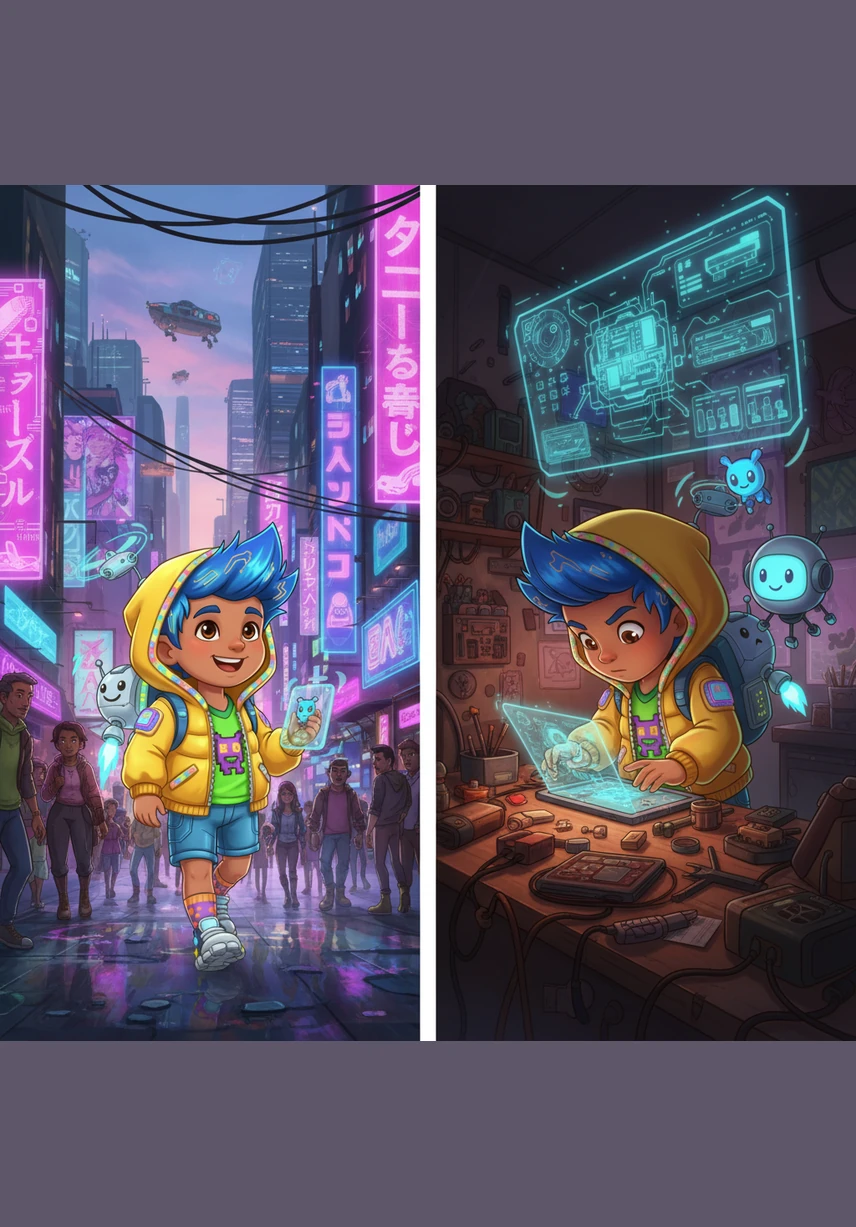 LEFT: Bablu Loves B Words. RIGHT: Bablu stands smiling, surrounded by colorful balloons, a bright ball, and a small blue bird.