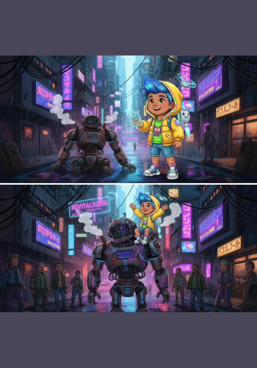 LEFT: This is Bablu. He loves B words. RIGHT: Bablu is waving happily with a big yellow letter B on his colorful shirt.