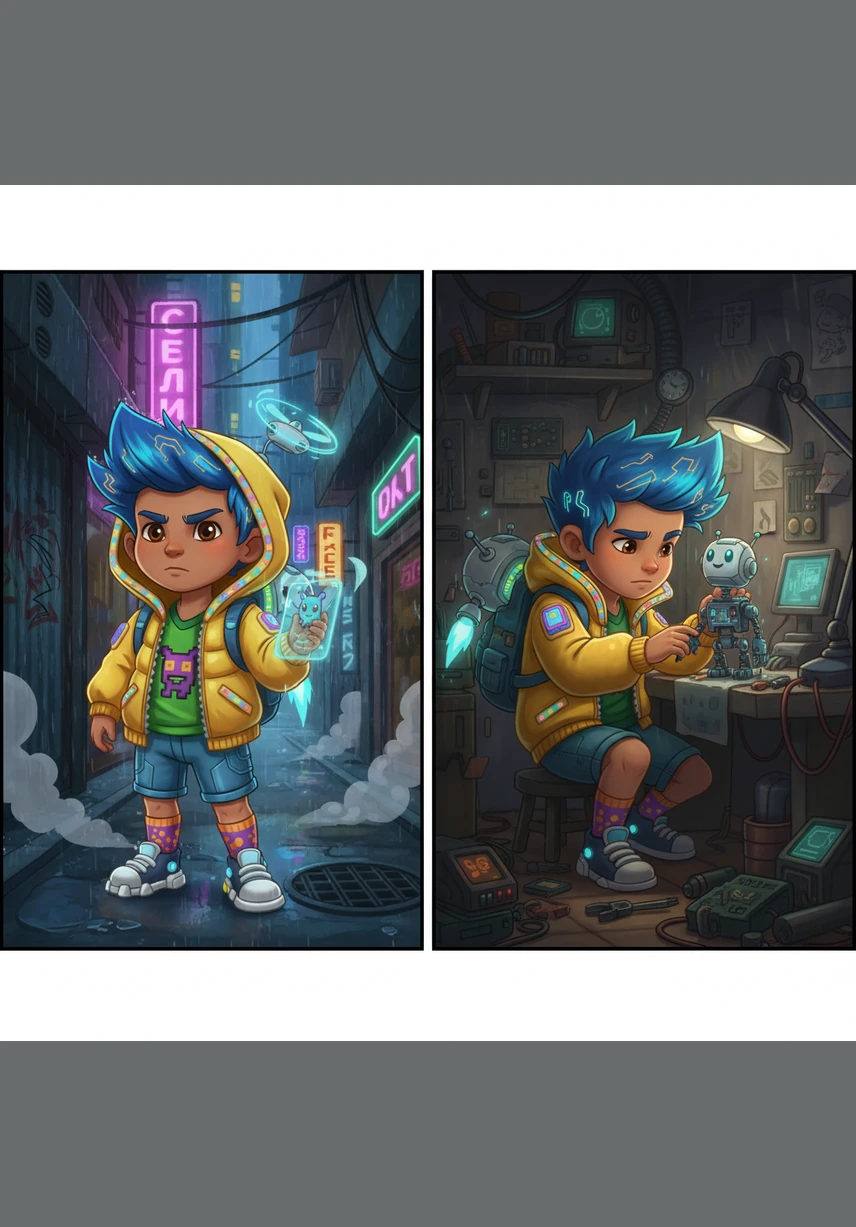 LEFT: He plays with a bat. He hits the ball. RIGHT: Bablu is swinging a wooden bat at the blue ball under the bright sun.