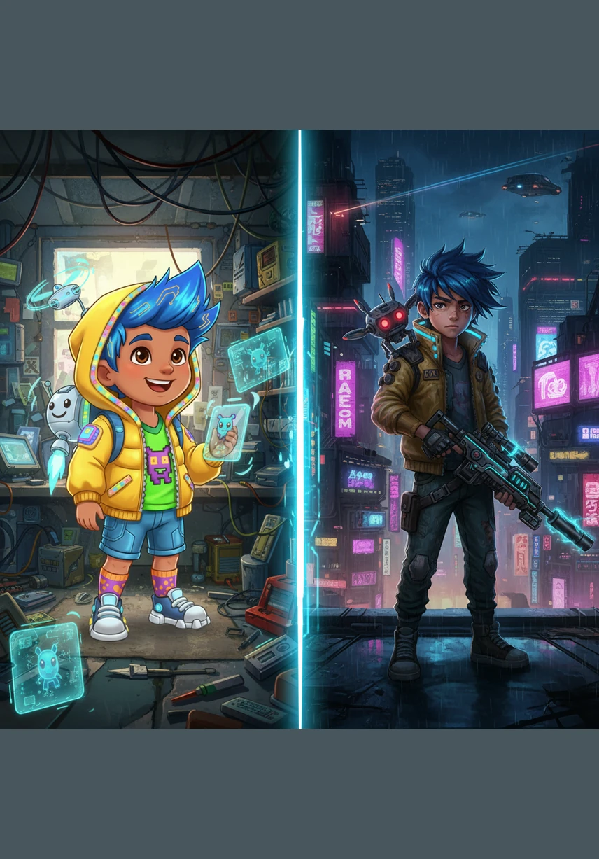 LEFT: He sees a blue bird. It sits on a branch. RIGHT: A tiny, fluffy blue bird chirps on a green tree branch near Bablu.