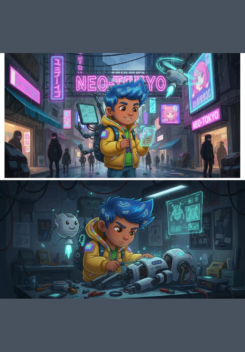 LEFT: He finds a brown bear. It is a soft toy. RIGHT: Bablu is hugging a fuzzy brown teddy bear in his cozy bedroom.