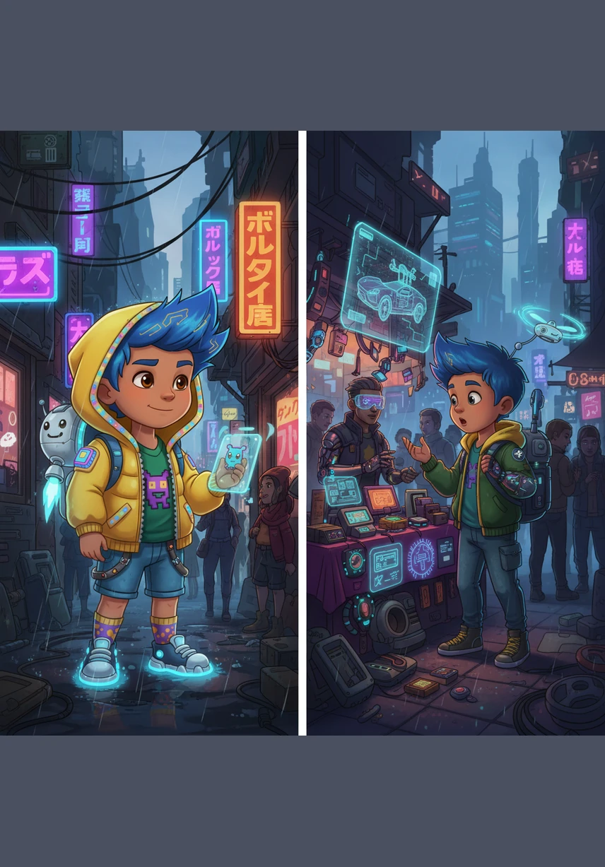 LEFT: He loves all B things! Bye bye, Bablu! RIGHT: Bablu is waving goodbye, smiling happily with all his favorite B objects scattered around him.