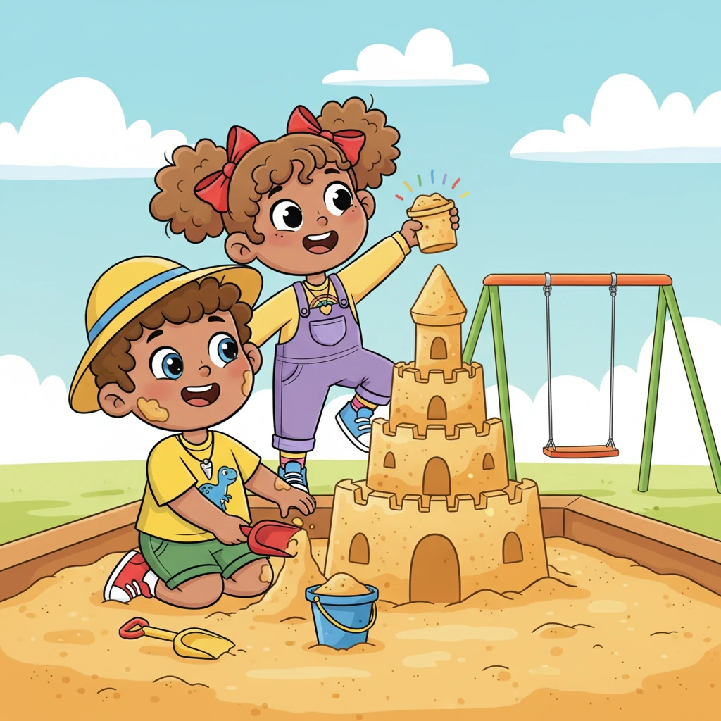 Lily with her bright red bow and Tom with his sunny yellow hat were the best of friends, always ready for a grand adventure. Today, they were building the tallest sandcastle ever, their laughter echoing through the sunny park. Little did they know, an even bigger adventure was waiting just beyond the familiar swings.