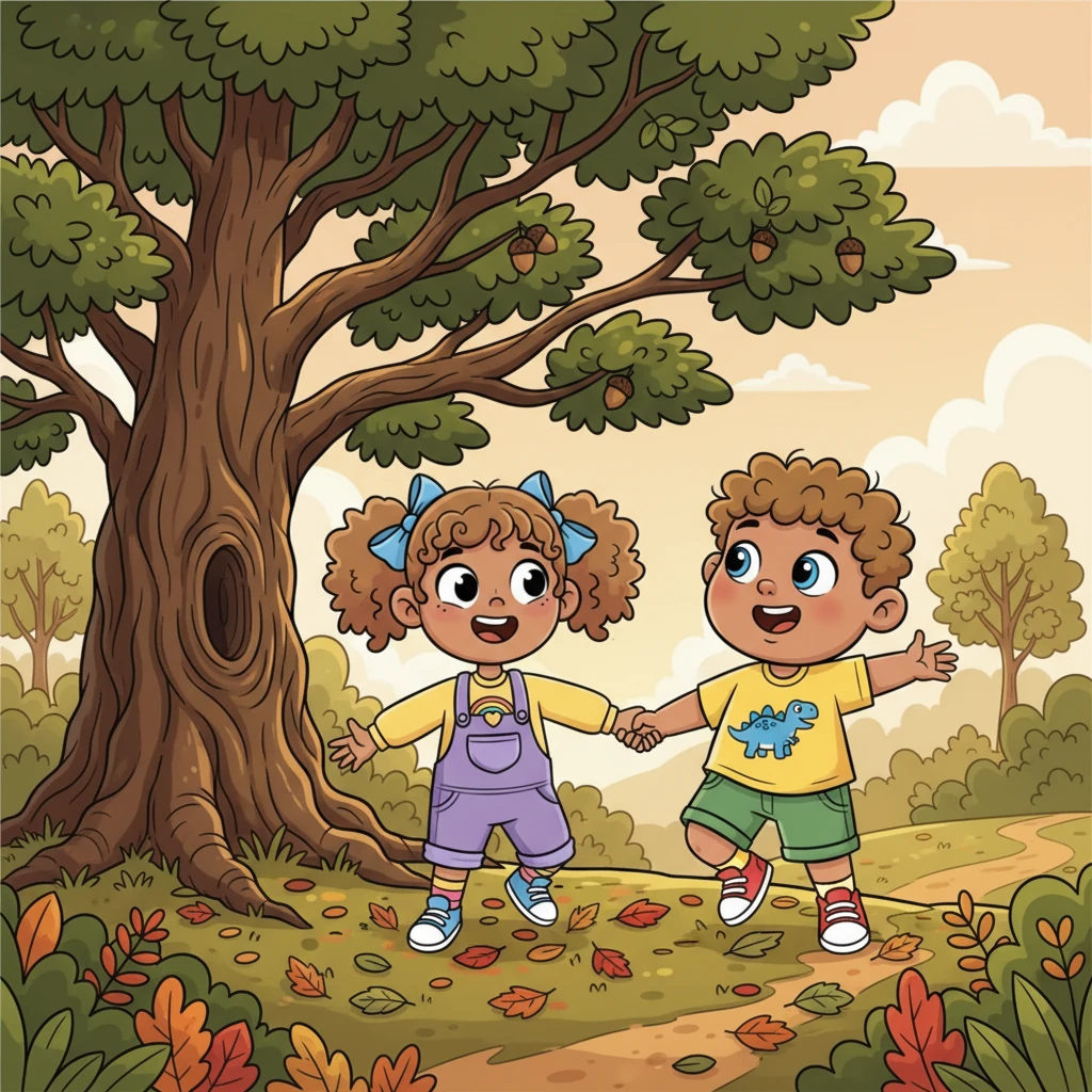 "Let's explore past the big oak tree!" Lily exclaimed, her eyes sparkling with curiosity. Tom, always up for a challenge, nodded enthusiastically, grabbing her hand. Together, they tiptoed past the usual paths, their tiny shoes crunching on fallen leaves.