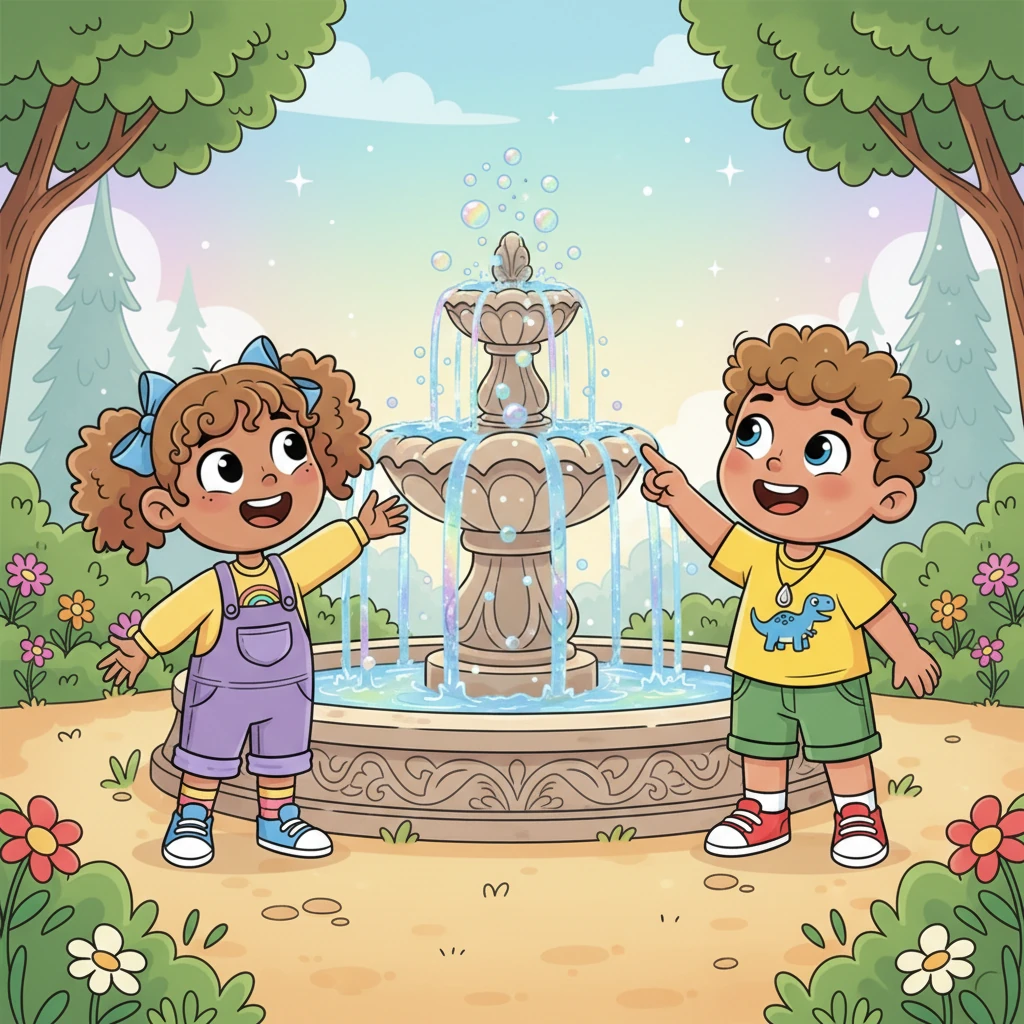 The path opened into a breathtaking clearing, bathed in a soft, ethereal glow. In the center bubbled a magnificent fountain, its water shimmering with all the colors of the rainbow. Tiny, glittering bubbles danced in the air around it.