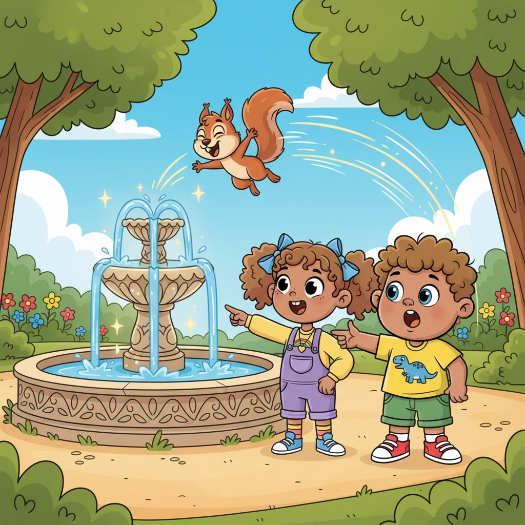 A curious little squirrel scurried towards the fountain, took a tiny sip, and then instantly began chattering and leaping with incredible speed and joy. Lily and Tom watched, wide-eyed, as the squirrel zipped up trees and bounced off branches. The fountain seemed to pulse with gentle magic.