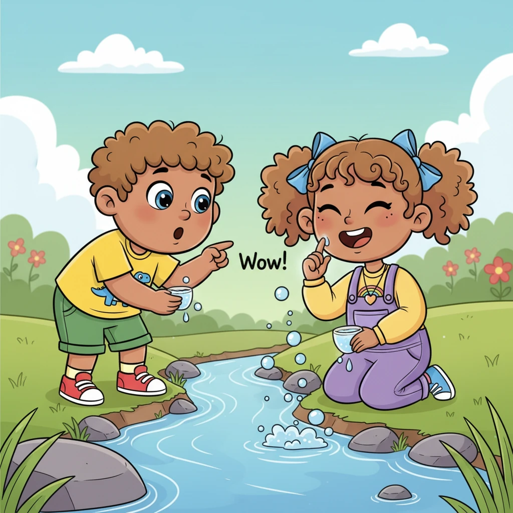 "Wow!" whispered Tom, pointing at the bubbly water. Lily, always a little bolder, dipped her finger in and then tasted a tiny drop. It felt like sunshine and giggles on her tongue. Tom, seeing her happy grin, decided to try a small sip too.
