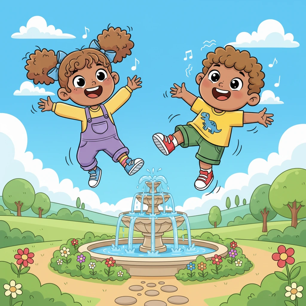 Suddenly, their legs felt like super springs! They bounced higher than ever before, their laughter bubbling up like the fountain itself. Their clothes seemed to float around them as they zoomed and spun, feeling like they could play forever without getting tired. They felt like the most energetic kids in the whole wide world.